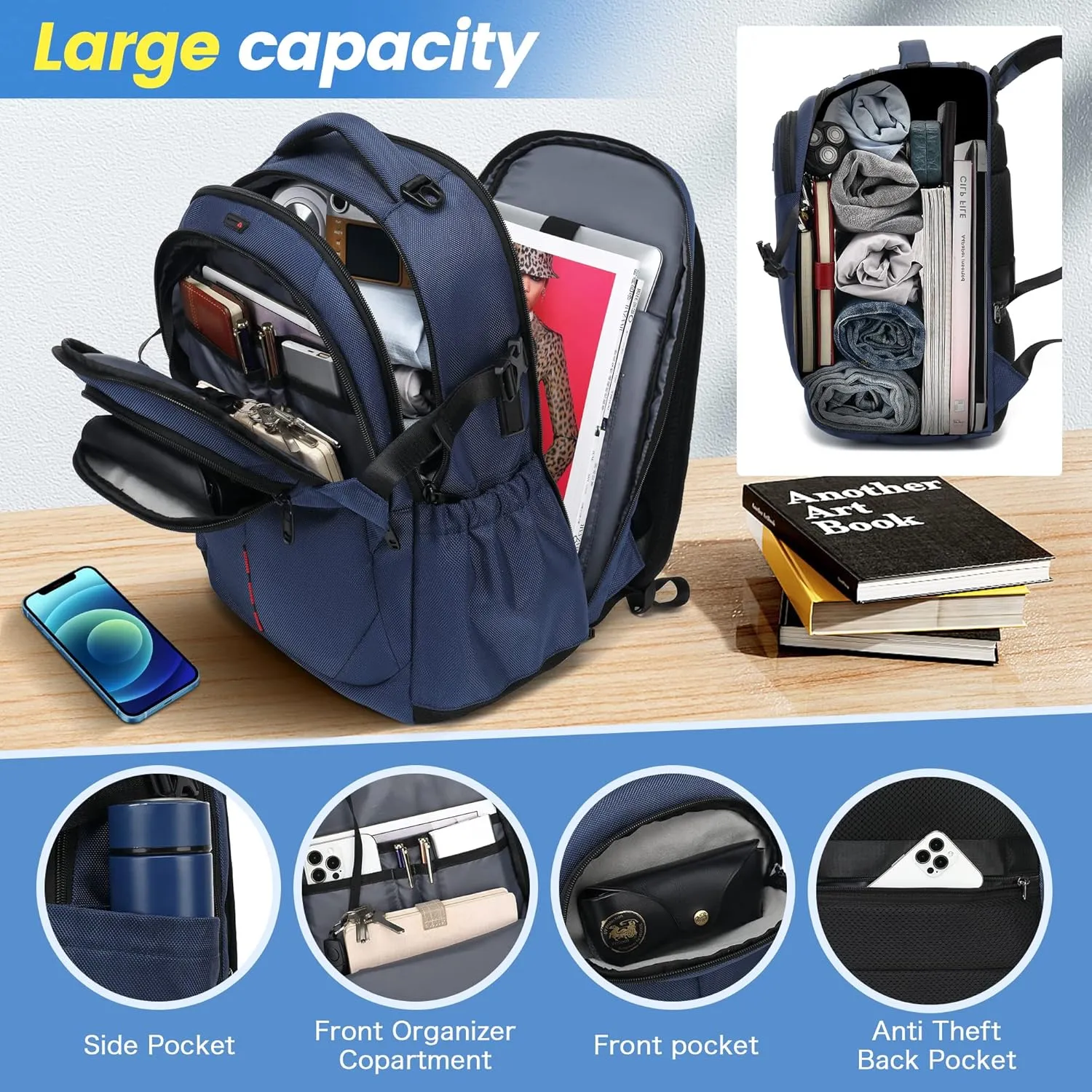 INSAVANT Laptop Backpack 15.6 Inch TSA Friendly Travel Backpacks Extra Large Durable College Travel Daypack Anti Theft with USB Charging Port Best Gift for Men Women (Dark Blue)