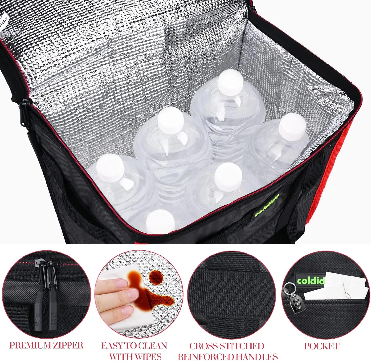 Insulated Reusable Grocery Bags (1-Pack), Cooler Bags Insulated with Hard Bottom Insert Stands Upright, Sturdy Zipper Food Delivery Bag for Warm or Cold,M