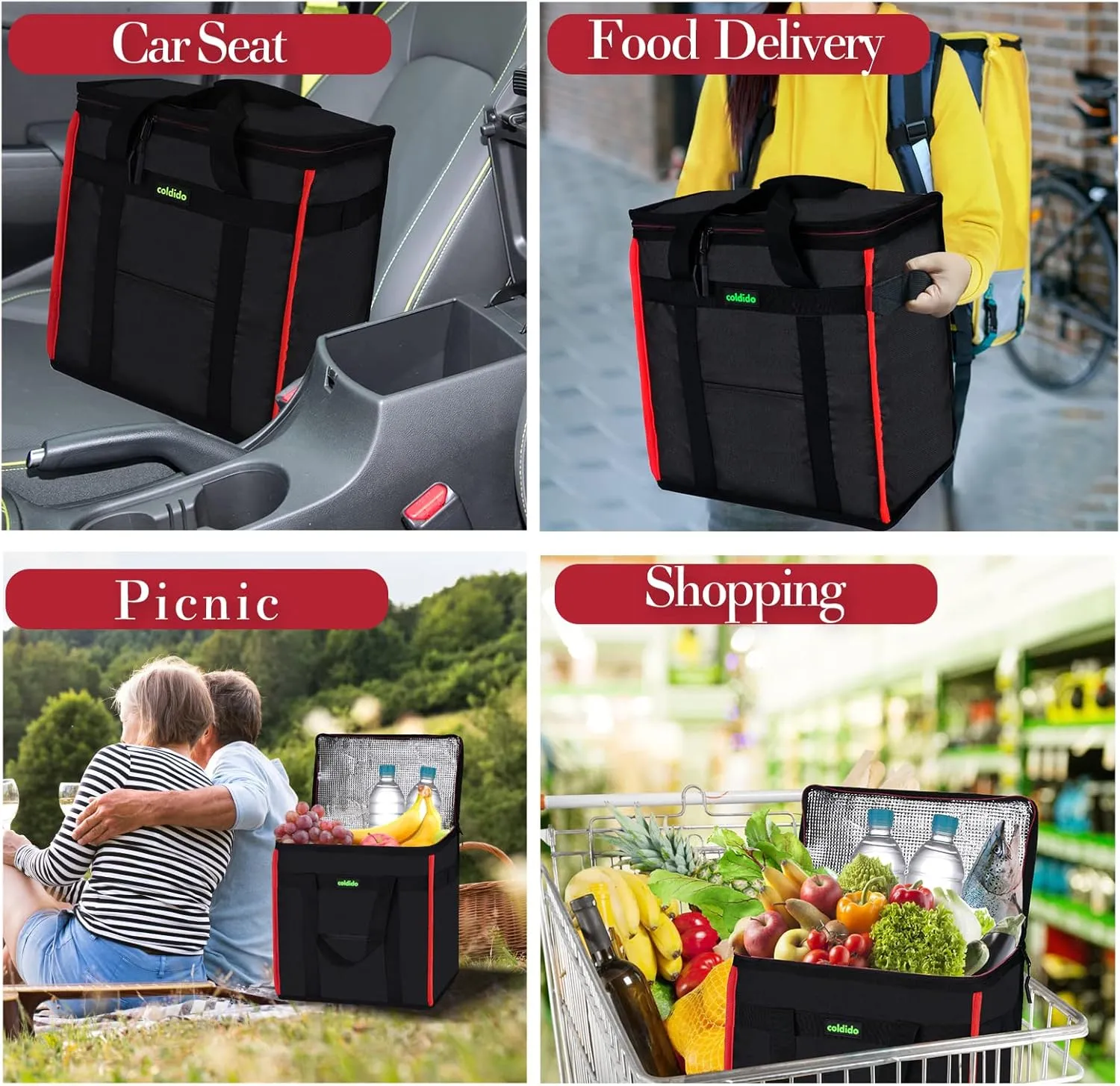 Insulated Reusable Grocery Bags (1-Pack), Cooler Bags Insulated with Hard Bottom Insert Stands Upright, Sturdy Zipper Food Delivery Bag for Warm or Cold,M