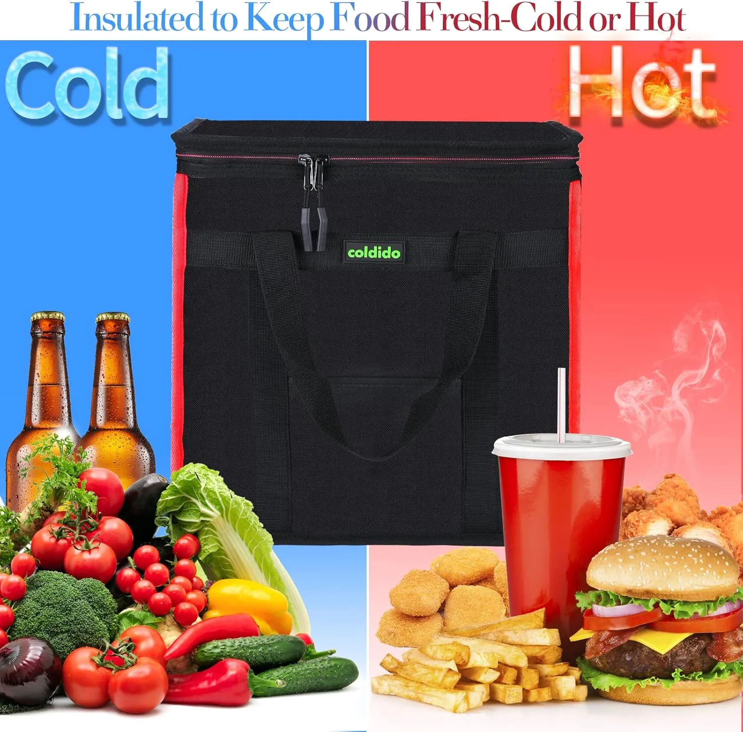 Insulated Reusable Grocery Bags (1-Pack), Cooler Bags Insulated with Hard Bottom Insert Stands Upright, Sturdy Zipper Food Delivery Bag for Warm or Cold,M