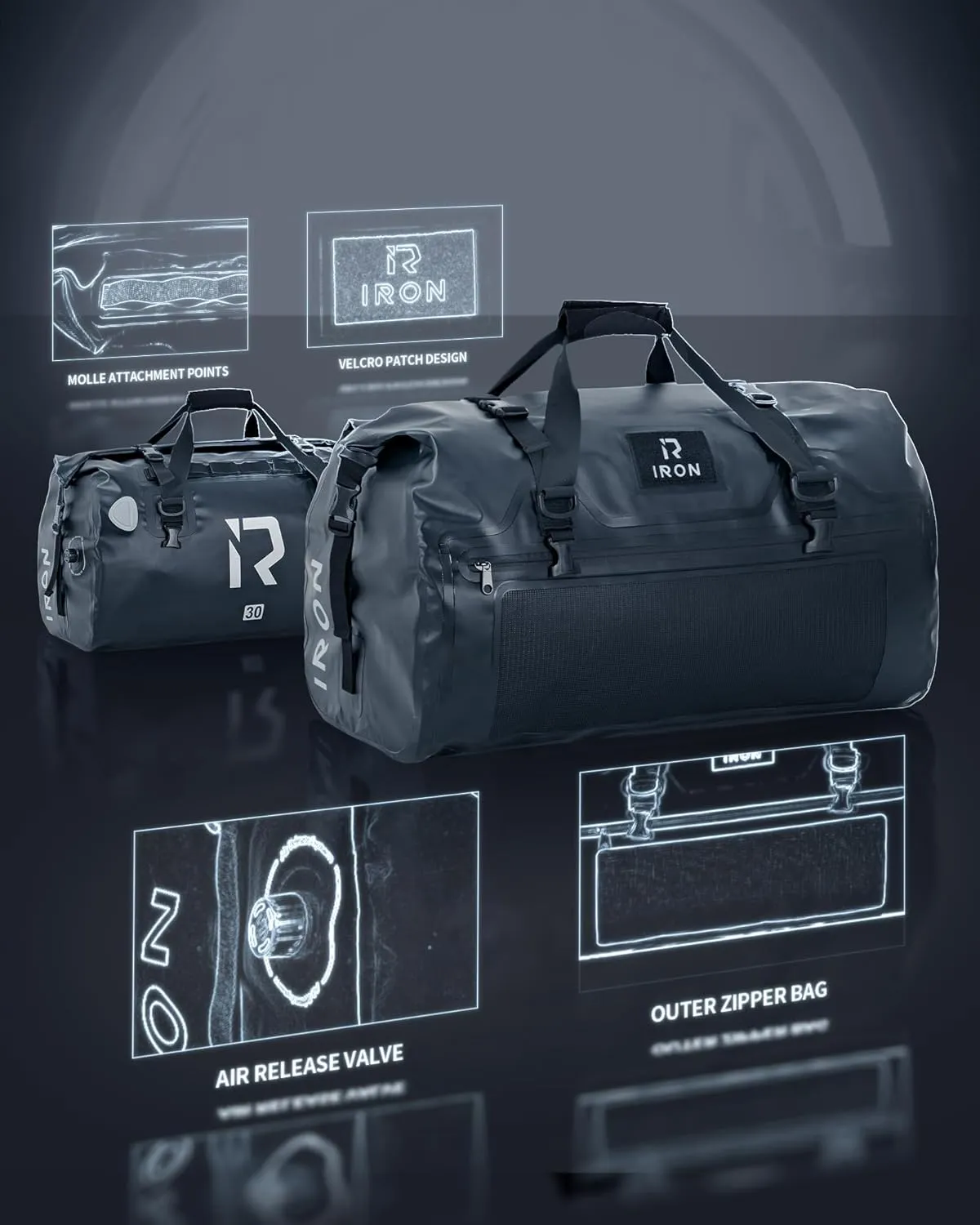 IRON JIA'S Motorcycle Dry Bag - Waterproof Duffle & Luggage Tail Bag Saddle Bags with Roll Top Closure, Shoulder Straps, Inner Pocket and Mesh Pocket (Black, 30L)