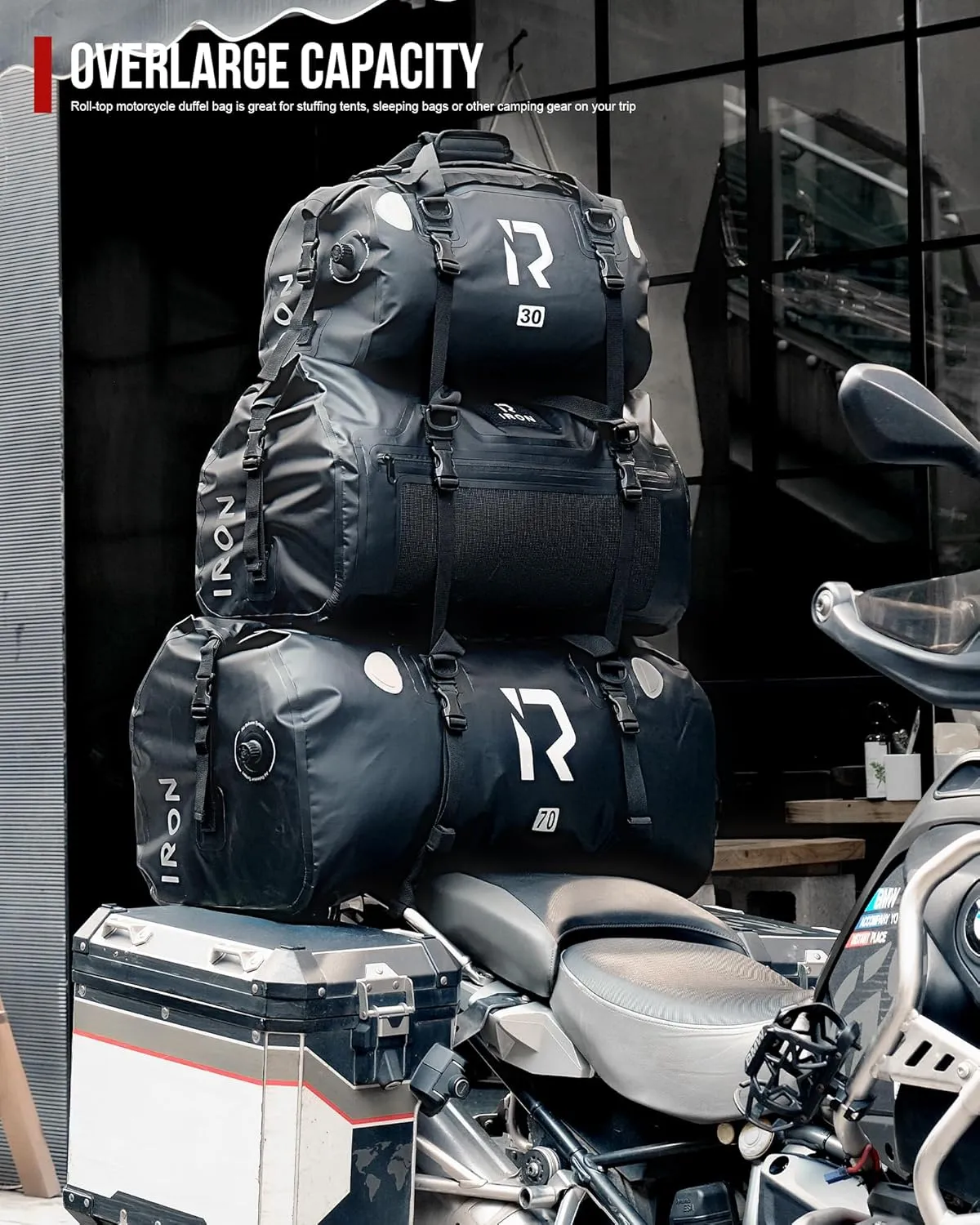 IRON JIA'S Motorcycle Dry Bag - Waterproof Duffle & Luggage Tail Bag Saddle Bags with Roll Top Closure, Shoulder Straps, Inner Pocket and Mesh Pocket (Black, 30L)