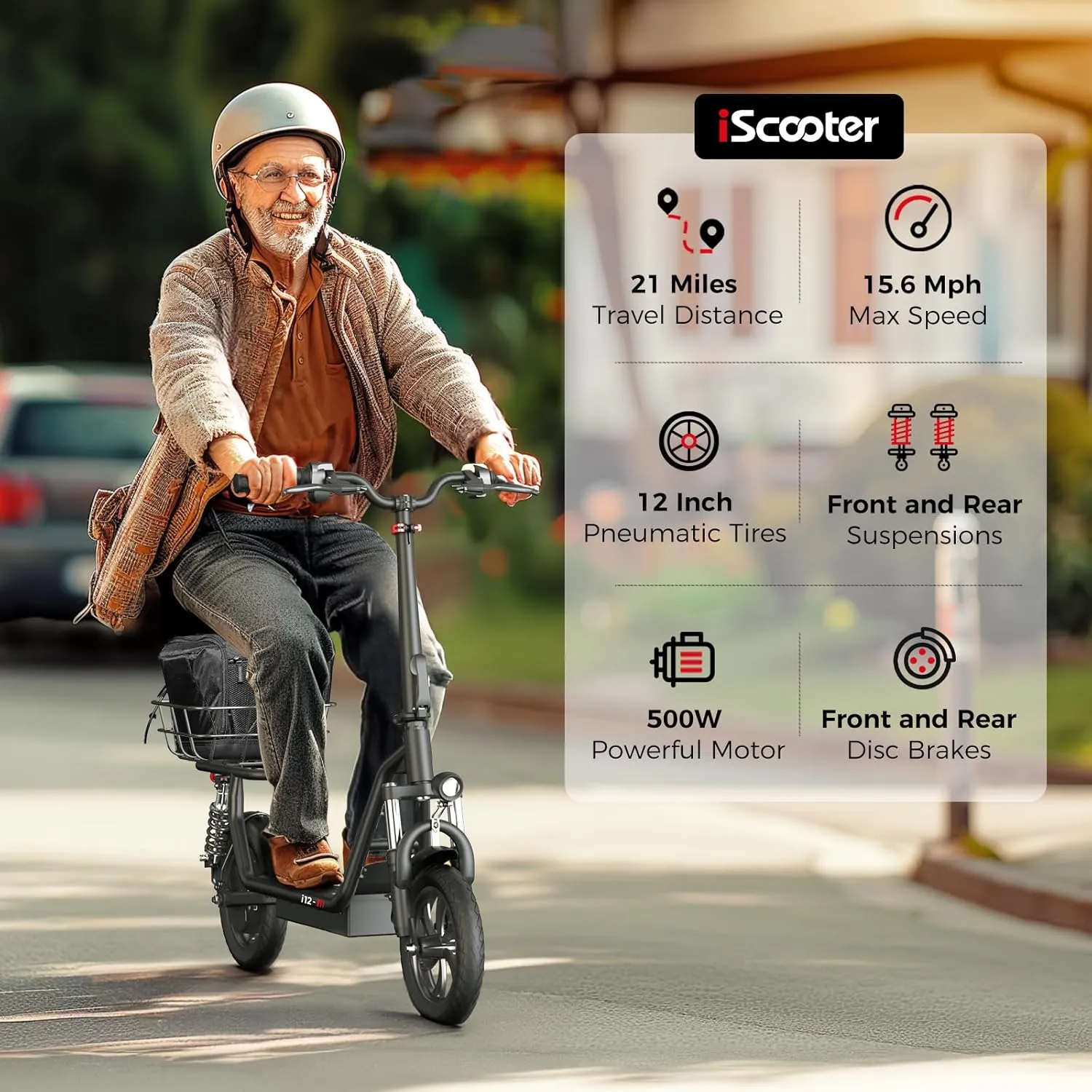 iScooter Electric Scooter with Seat, 37/21 Miles Long Range & 28/19/15.6 MPH Top Speed, 14"/12"/10" Pneumatic Tire, Height Adjustable Seat & Handlebar, Dual Suspensions Commuting Scooter with Basket