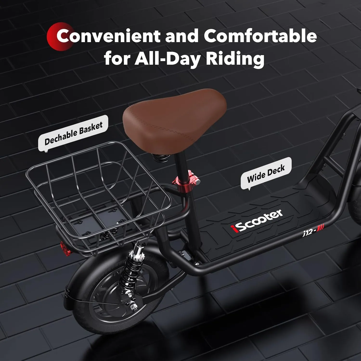 iScooter Electric Scooter with Seat, 37/21 Miles Long Range & 28/19/15.6 MPH Top Speed, 14"/12"/10" Pneumatic Tire, Height Adjustable Seat & Handlebar, Dual Suspensions Commuting Scooter with Basket