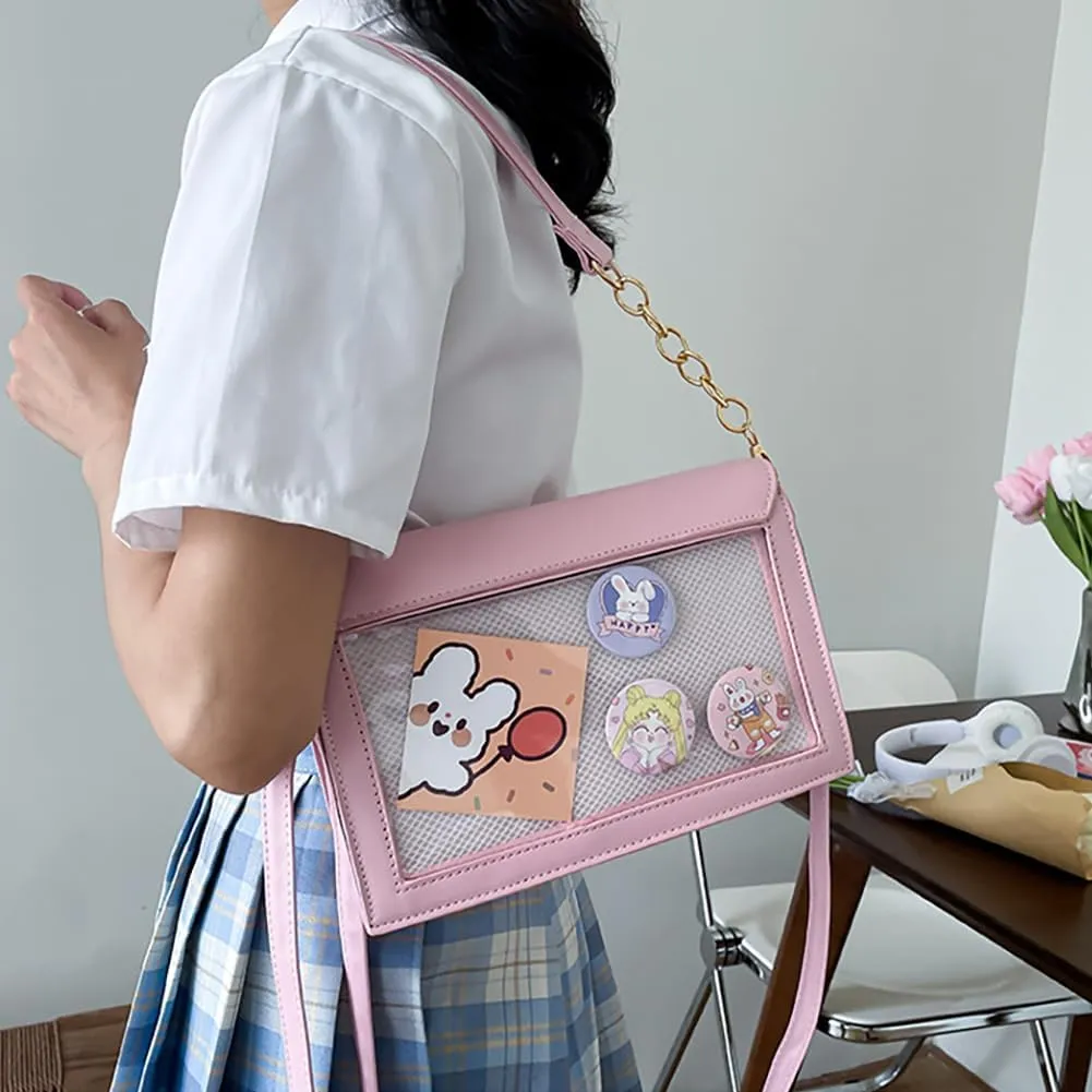 Ita Women's Envelope Handbag Shoulder Bag, Bow Leather Crossbody Purse, JK Uniform Tote Messenger Bag For Anime Pin Display