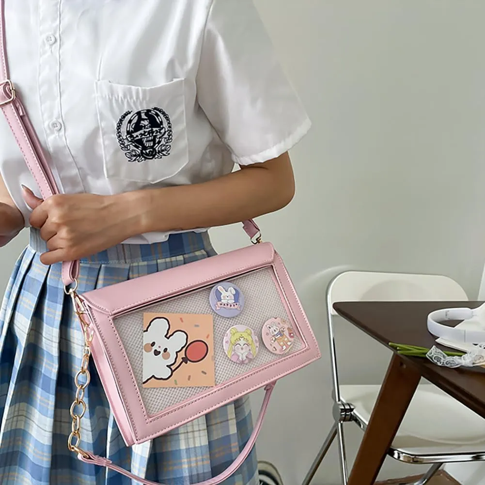 Ita Women's Envelope Handbag Shoulder Bag, Bow Leather Crossbody Purse, JK Uniform Tote Messenger Bag For Anime Pin Display