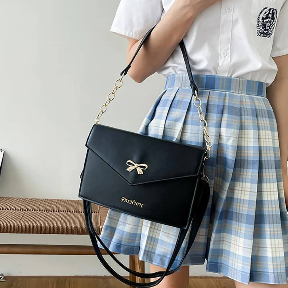 Ita Women's Envelope Handbag Shoulder Bag, Bow Leather Crossbody Purse, JK Uniform Tote Messenger Bag For Anime Pin Display