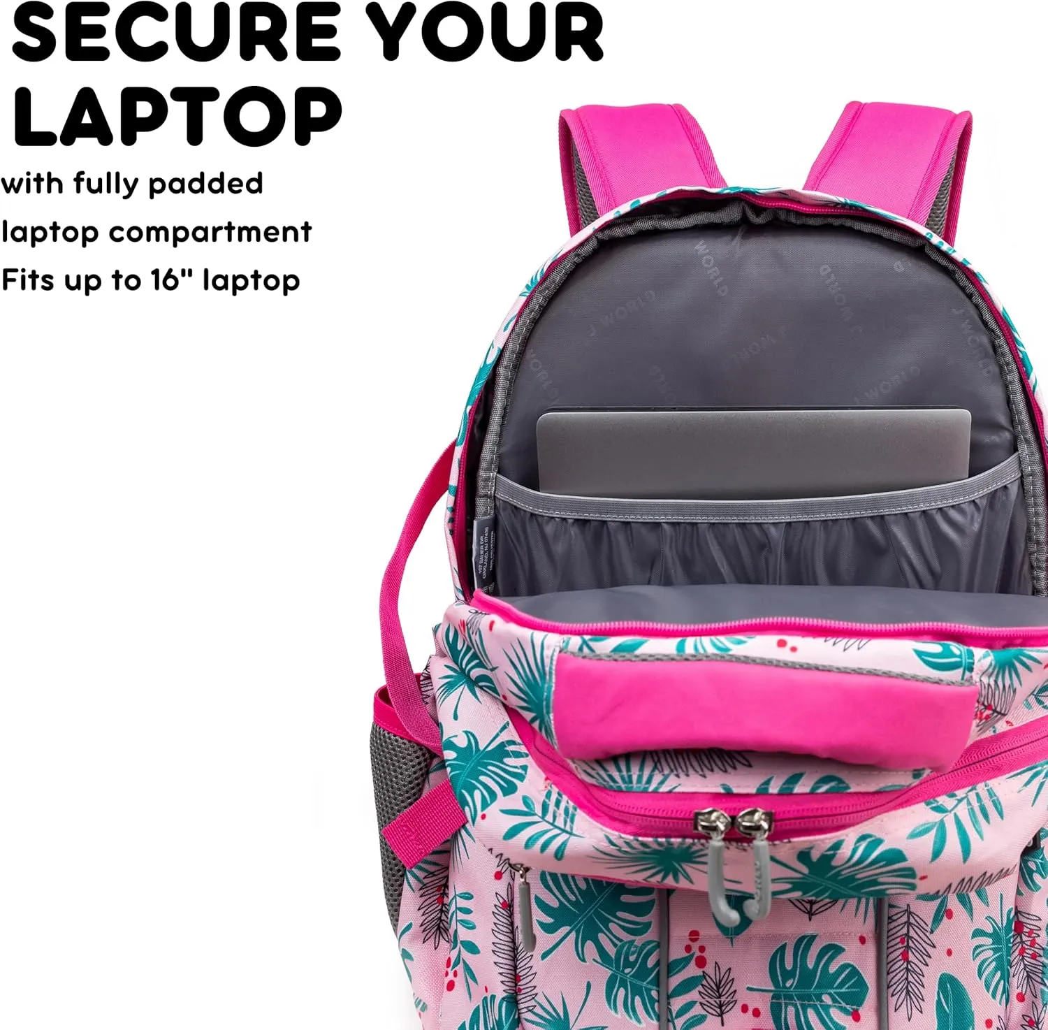 J World New York Atom Multi-Compartment Laptop Backpack, Palm Leaves, 18.5 X 13 X 7.5 (H X W X D)