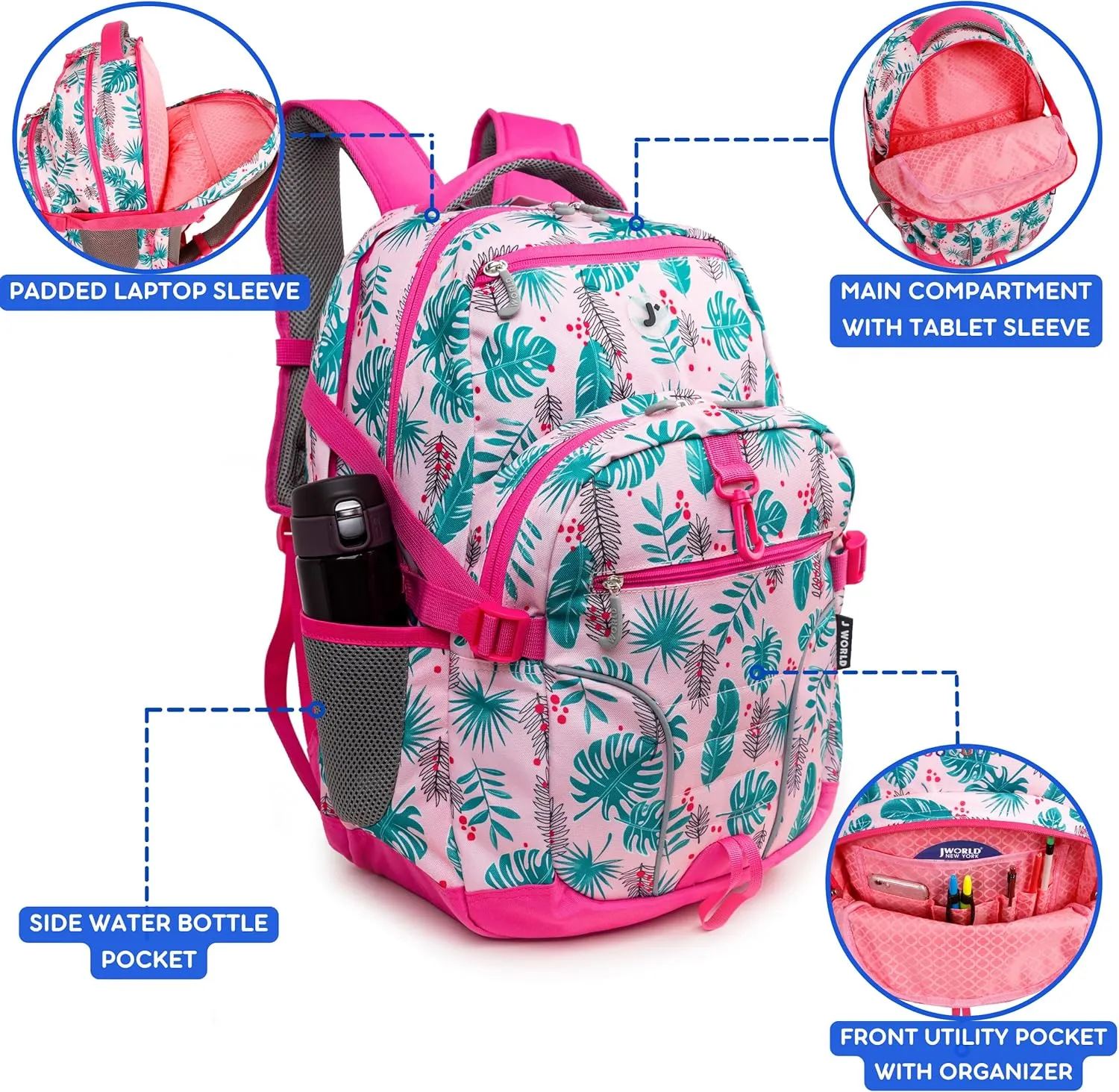 J World New York Atom Multi-Compartment Laptop Backpack, Palm Leaves, 18.5 X 13 X 7.5 (H X W X D)