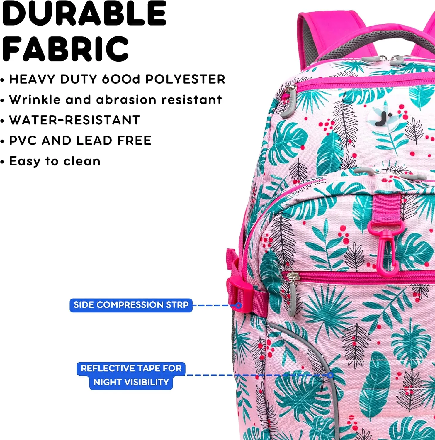 J World New York Atom Multi-Compartment Laptop Backpack, Palm Leaves, 18.5 X 13 X 7.5 (H X W X D)