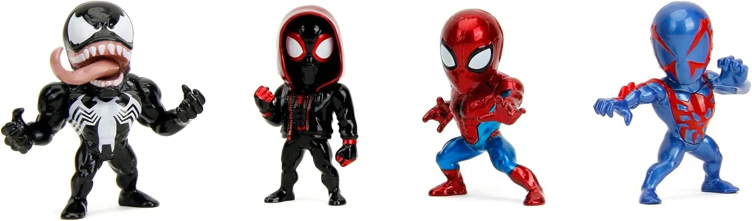Jada Toys Set of 4 Marvel Spider-Man Figures (Spider-Man, Venom, Miles Morales, Spider-Man 2099) - 4 Collectible Metal Figures, 6 cm Each, for Fans and Collectors from 8 Years, Wave 1
