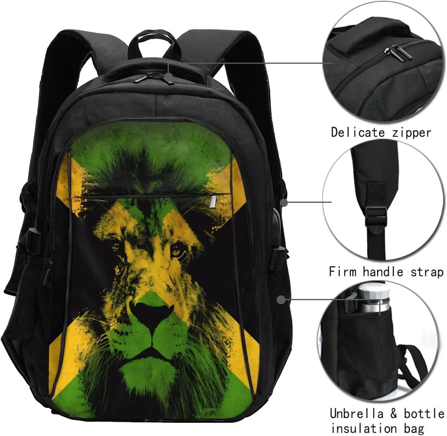 Jamaican Flag Lion Head Casual Travel Backpacks Hiking Camping Backpack Large Outdoor Sport Daypack Laptop Rucksack Climbing Working Bags with USB Port