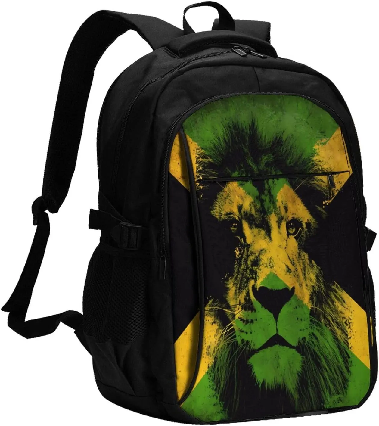 Jamaican Flag Lion Head Casual Travel Backpacks Hiking Camping Backpack Large Outdoor Sport Daypack Laptop Rucksack Climbing Working Bags with USB Port