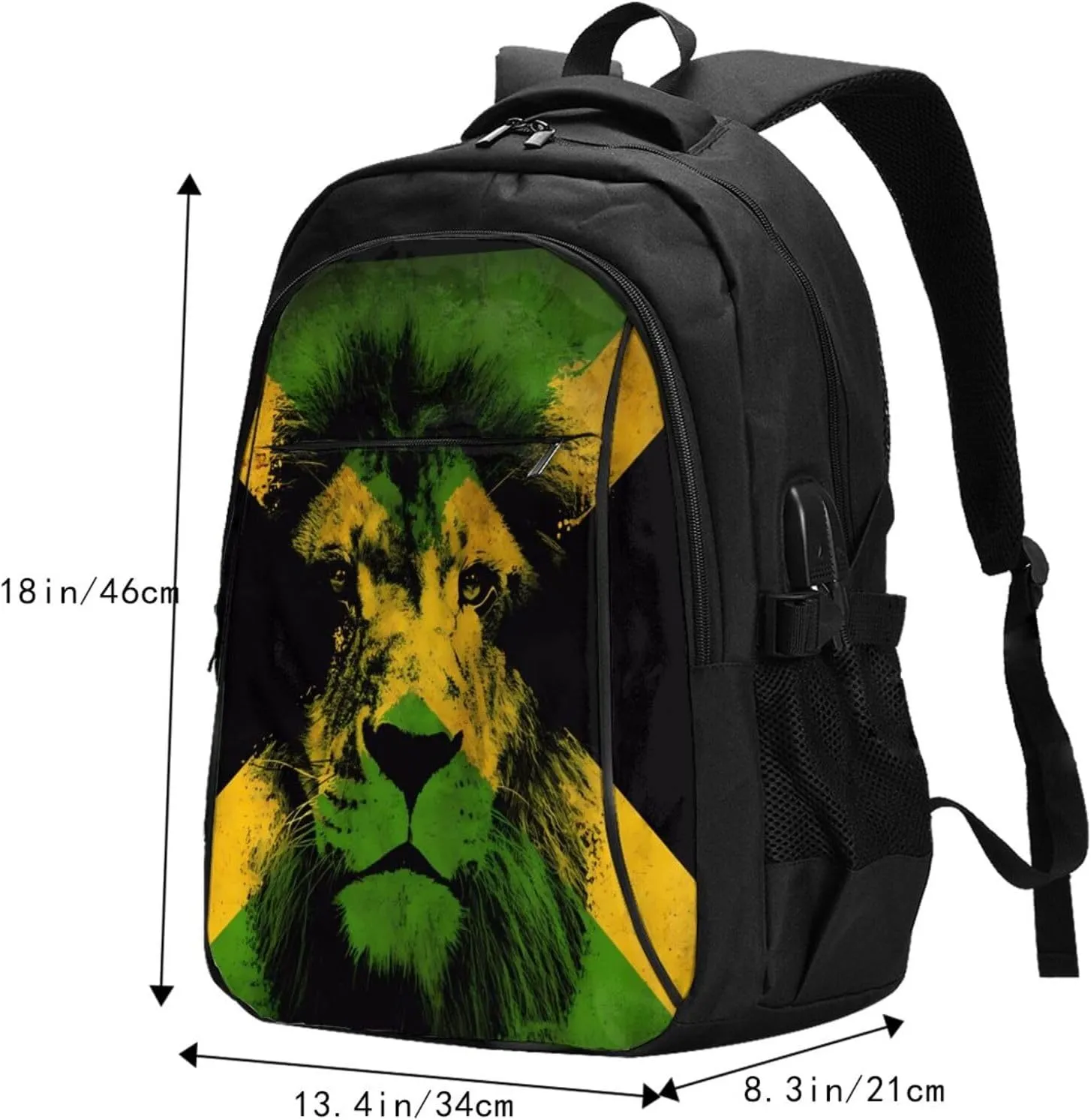 Jamaican Flag Lion Head Casual Travel Backpacks Hiking Camping Backpack Large Outdoor Sport Daypack Laptop Rucksack Climbing Working Bags with USB Port