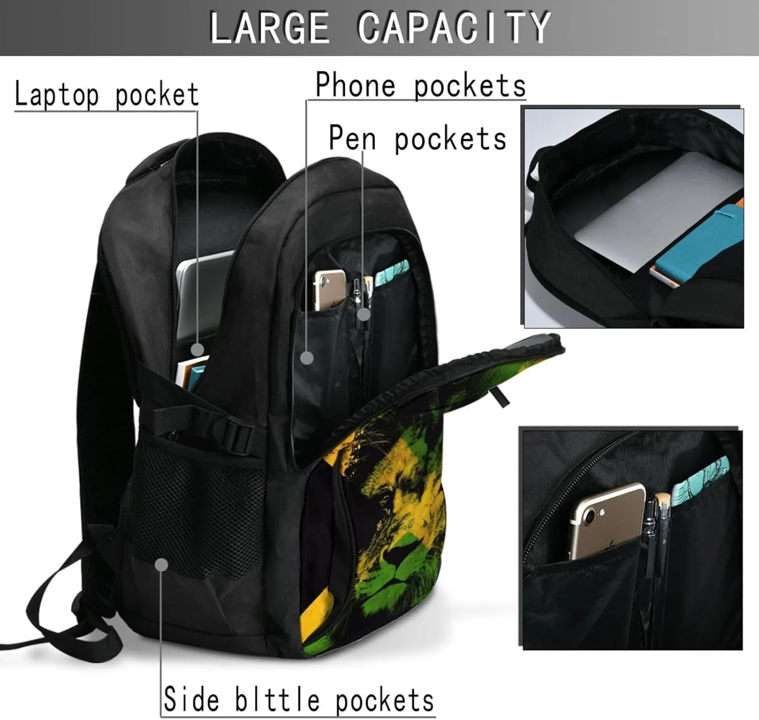 Jamaican Flag Lion Head Casual Travel Backpacks Hiking Camping Backpack Large Outdoor Sport Daypack Laptop Rucksack Climbing Working Bags with USB Port