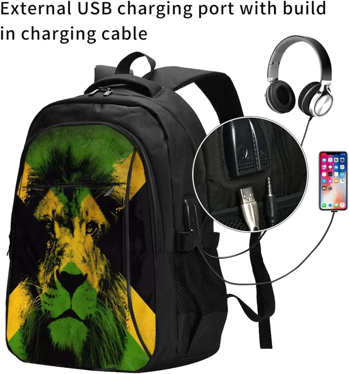 Jamaican Flag Lion Head Casual Travel Backpacks Hiking Camping Backpack Large Outdoor Sport Daypack Laptop Rucksack Climbing Working Bags with USB Port