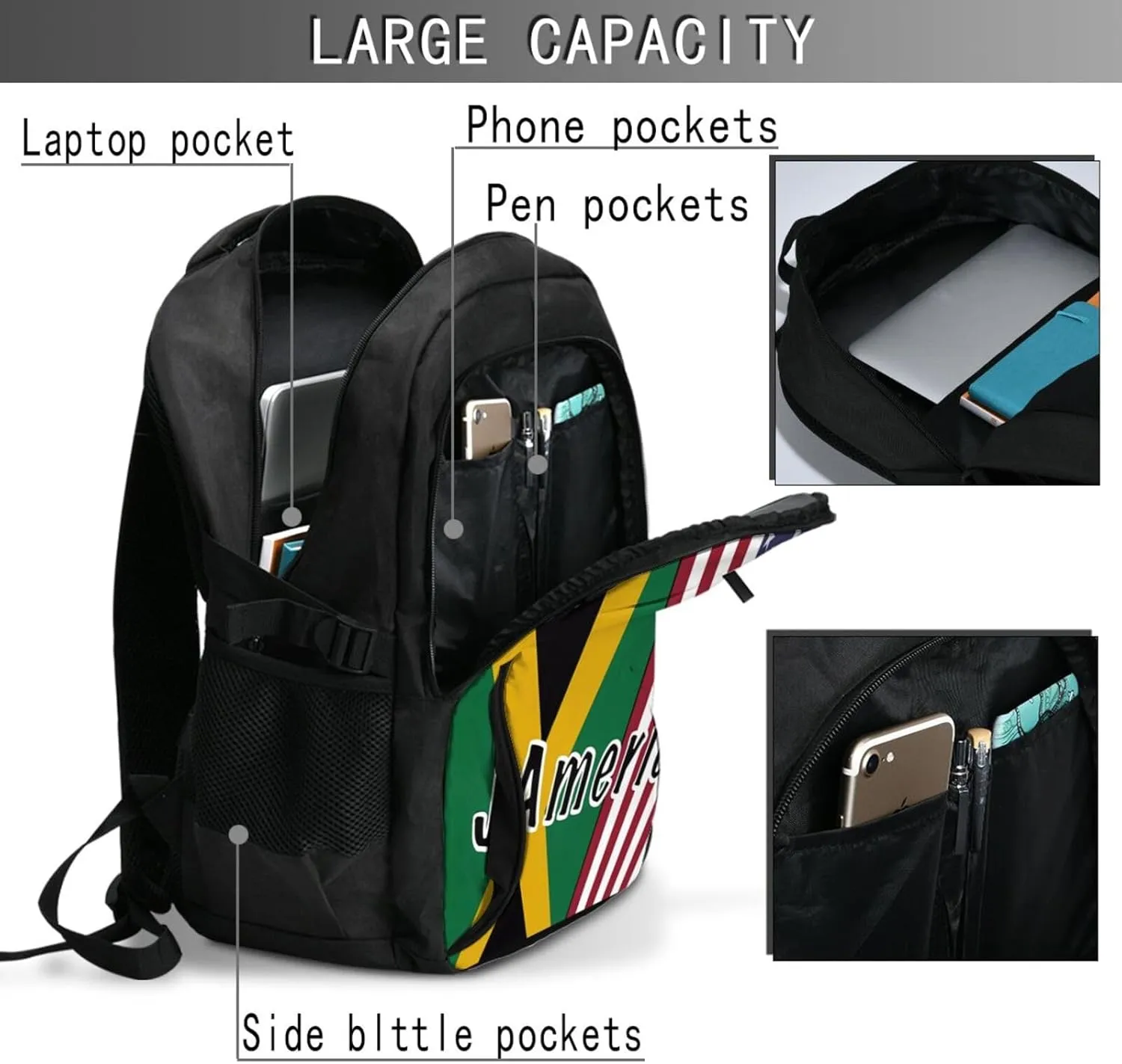 Jamaican Roots And American Flag Casual Travel Backpacks Hiking Camping Backpack Large Outdoor Sport Daypack Laptop Rucksack Climbing Working Bags with USB Port
