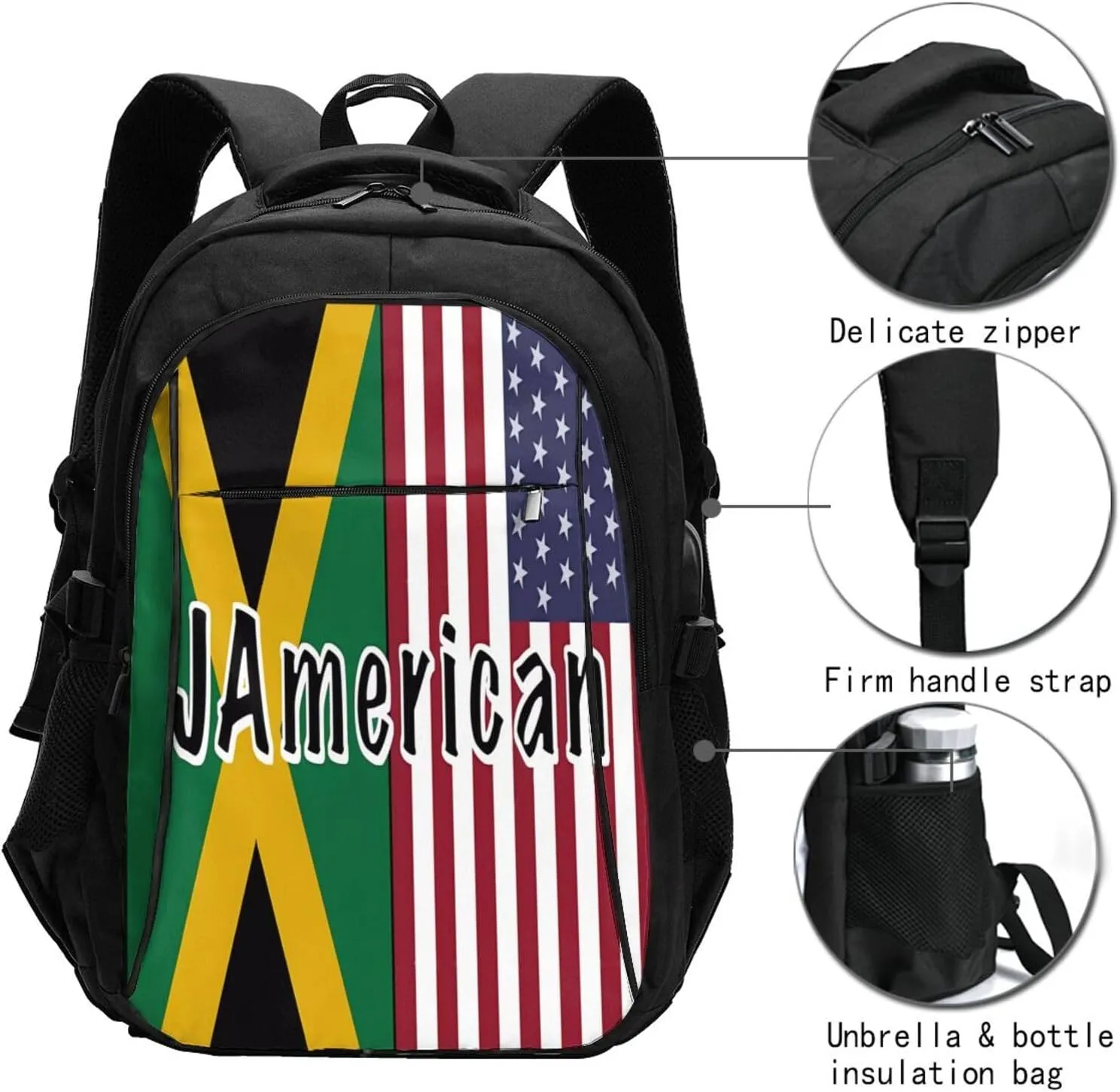 Jamaican Roots And American Flag Casual Travel Backpacks Hiking Camping Backpack Large Outdoor Sport Daypack Laptop Rucksack Climbing Working Bags with USB Port