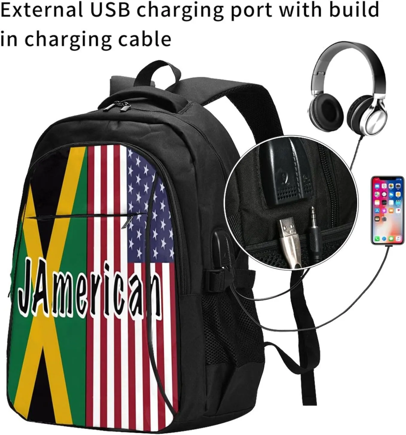 Jamaican Roots And American Flag Casual Travel Backpacks Hiking Camping Backpack Large Outdoor Sport Daypack Laptop Rucksack Climbing Working Bags with USB Port