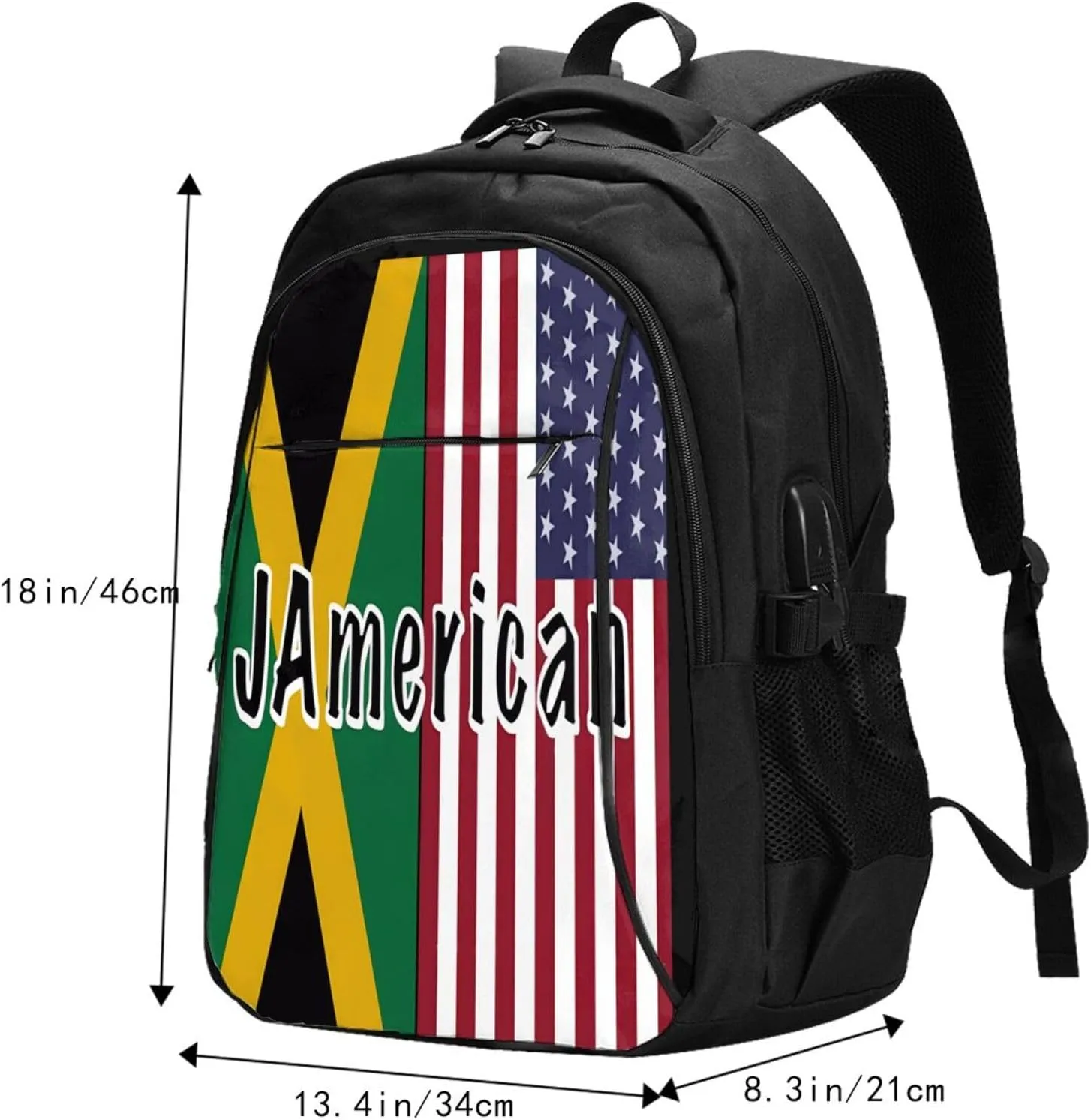 Jamaican Roots And American Flag Casual Travel Backpacks Hiking Camping Backpack Large Outdoor Sport Daypack Laptop Rucksack Climbing Working Bags with USB Port
