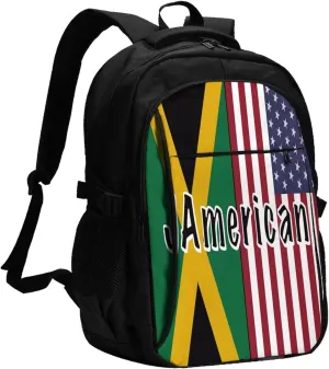 Jamaican Roots And American Flag Casual Travel Backpacks Hiking Camping Backpack Large Outdoor Sport Daypack Laptop Rucksack Climbing Working Bags with USB Port