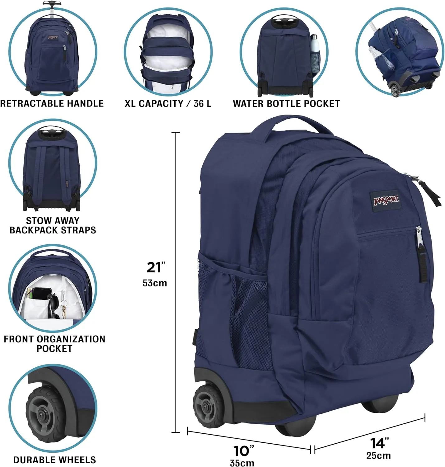 JanSport Driver 8 Rolling Backpack - Wheeled Travel Bag with 15-Inch Laptop Sleeve, One Size, Black