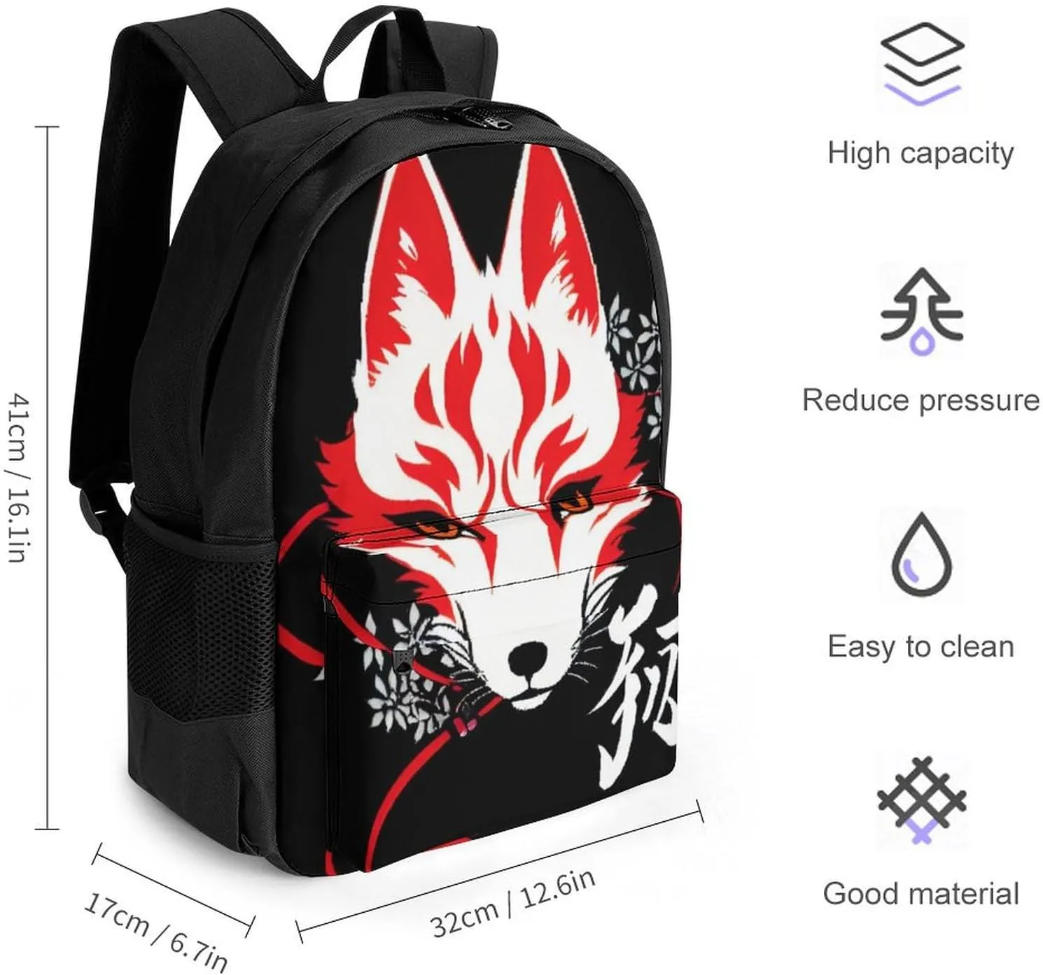 Japanese Kitsune Mask Art Rucksacks Lightweight Multipurpose Anti-Theft Shoulder Bag Big Capacity Traveling & Camping Backpack With Side Pockets