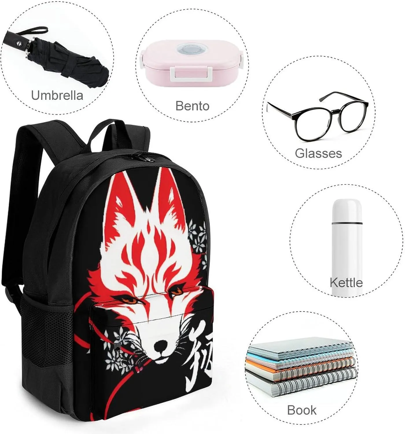 Japanese Kitsune Mask Art Rucksacks Lightweight Multipurpose Anti-Theft Shoulder Bag Big Capacity Traveling & Camping Backpack With Side Pockets