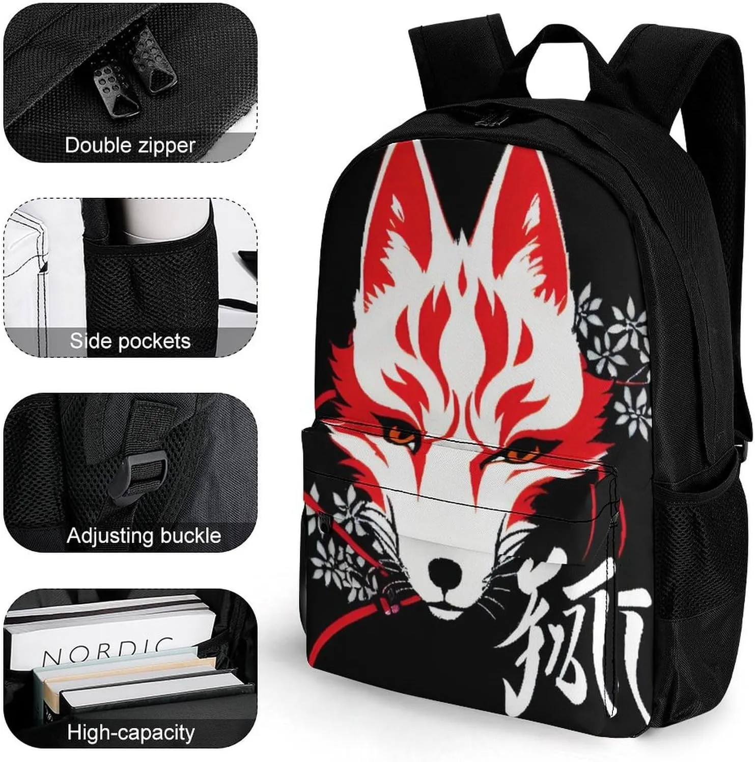 Japanese Kitsune Mask Art Rucksacks Lightweight Multipurpose Anti-Theft Shoulder Bag Big Capacity Traveling & Camping Backpack With Side Pockets