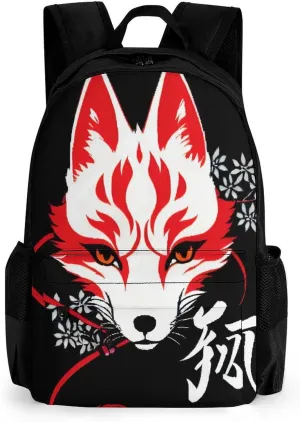 Japanese Kitsune Mask Art Rucksacks Lightweight Multipurpose Anti-Theft Shoulder Bag Big Capacity Traveling & Camping Backpack With Side Pockets