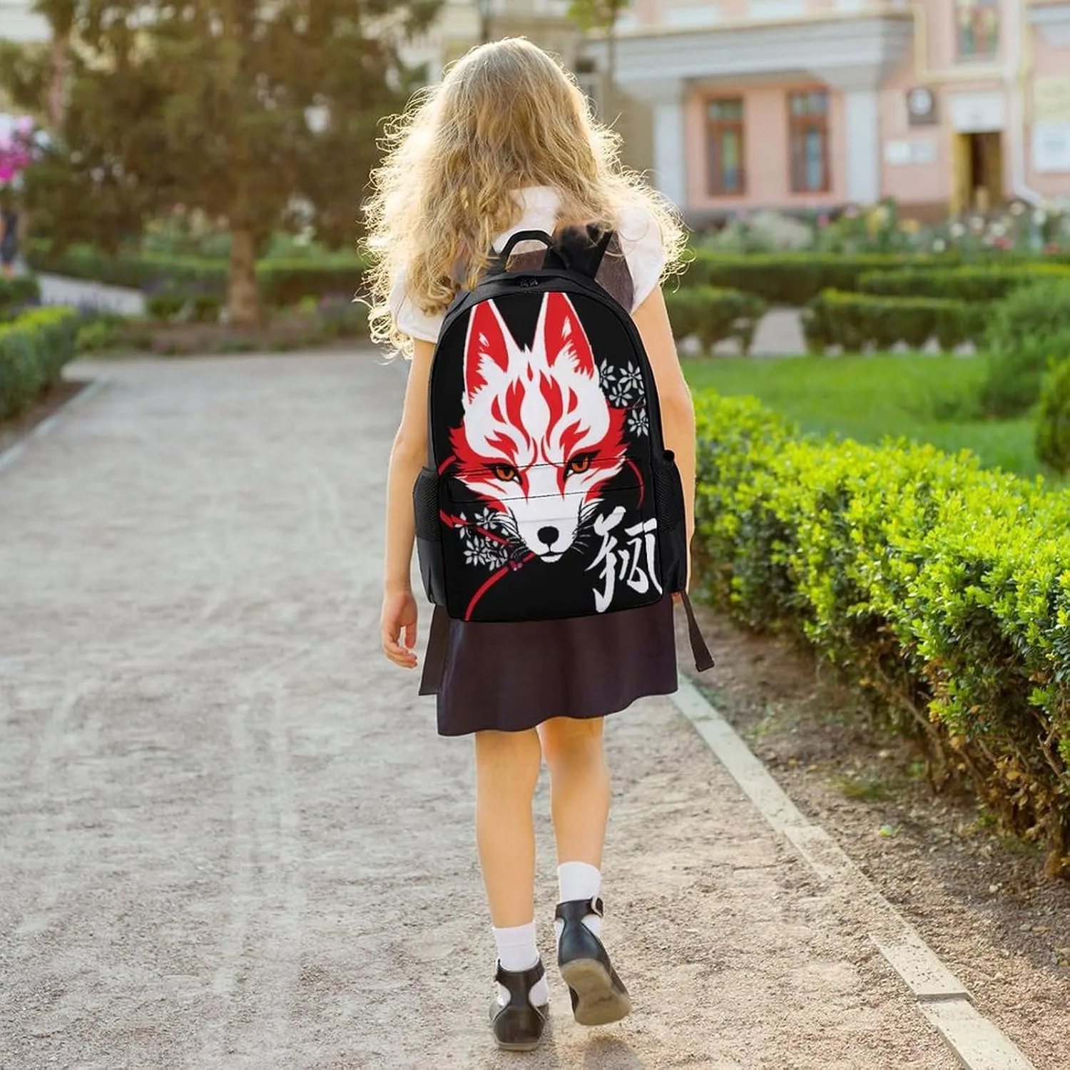 Japanese Kitsune Mask Art Rucksacks Lightweight Multipurpose Anti-Theft Shoulder Bag Big Capacity Traveling & Camping Backpack With Side Pockets