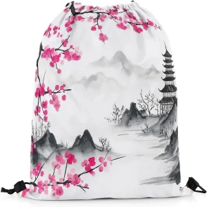 jejeloiu Cherry Blossoms Drawstring Backpack 13"x15.7" Spring Sakura Flower Gym String Bag Japanese Style Sports Drawstring Sackpack Mountain Decor Rawstring Bags