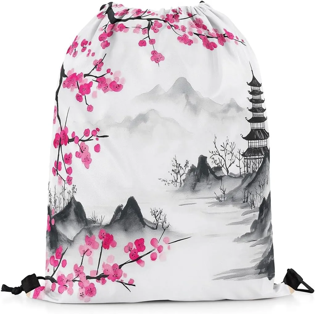 jejeloiu Cherry Blossoms Drawstring Backpack 13"x15.7" Spring Sakura Flower Gym String Bag Japanese Style Sports Drawstring Sackpack Mountain Decor Rawstring Bags