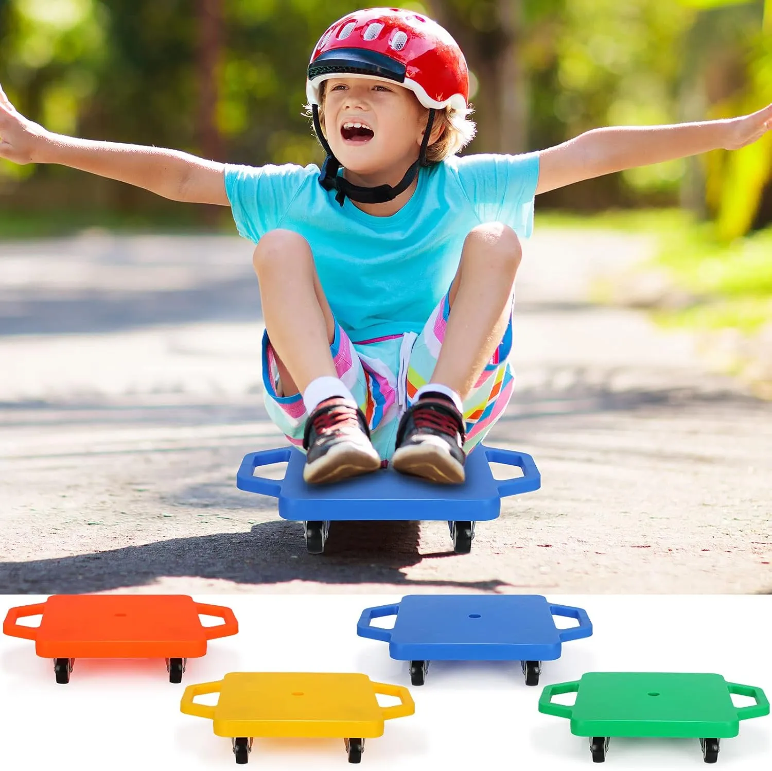 Jerify 4 Pieces Sports Scooter Board with Handles Plastic Casters Floor Sitting Scooter Boards for Kids Children Gym Indoor Outdoor Activities Play Equipment, 11.22 x 11.22 inch