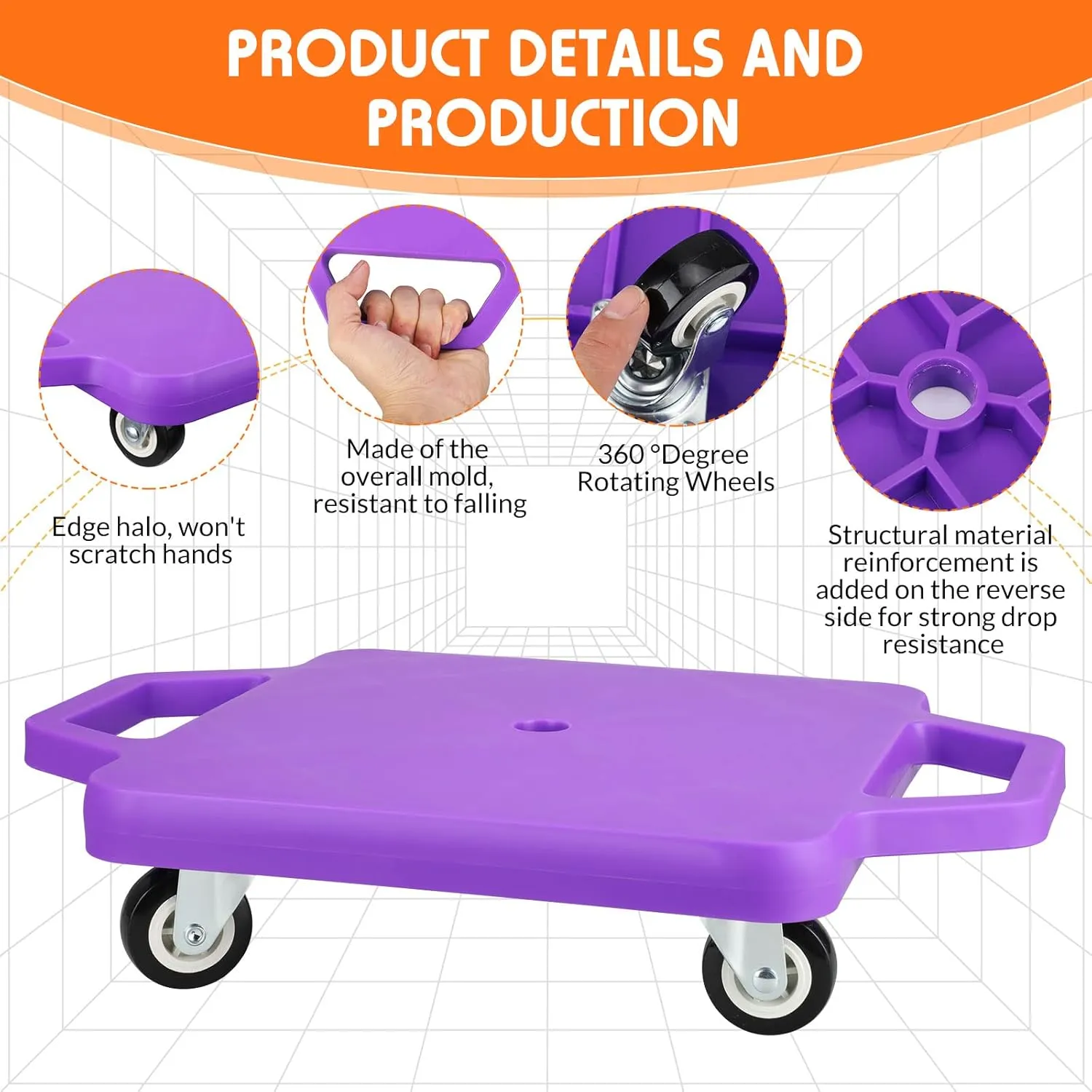 Jerify 8 Pieces Sports Scooter Board Sitting Scooter Board for Kids Plastic Floor with Non-Marring Plastic Casters, Physical Education for Home School Play Equipment