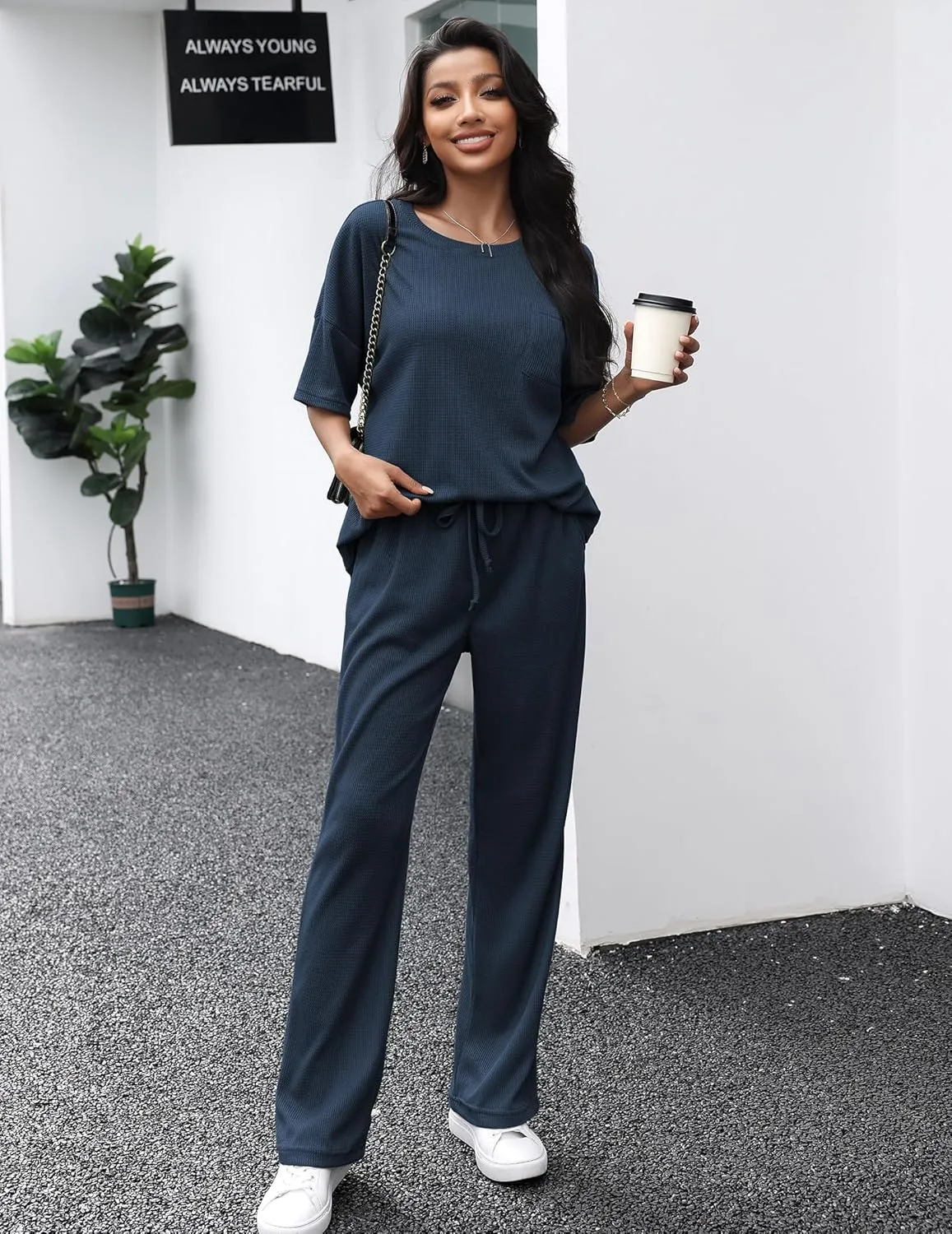JiniGolla Womens Pajama Sets Waffle Knit Short Sleeve Shirt with Long Pajama Pants Soft Sleepwear Pj Lounge Sets