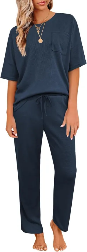 JiniGolla Womens Pajama Sets Waffle Knit Short Sleeve Shirt with Long Pajama Pants Soft Sleepwear Pj Lounge Sets