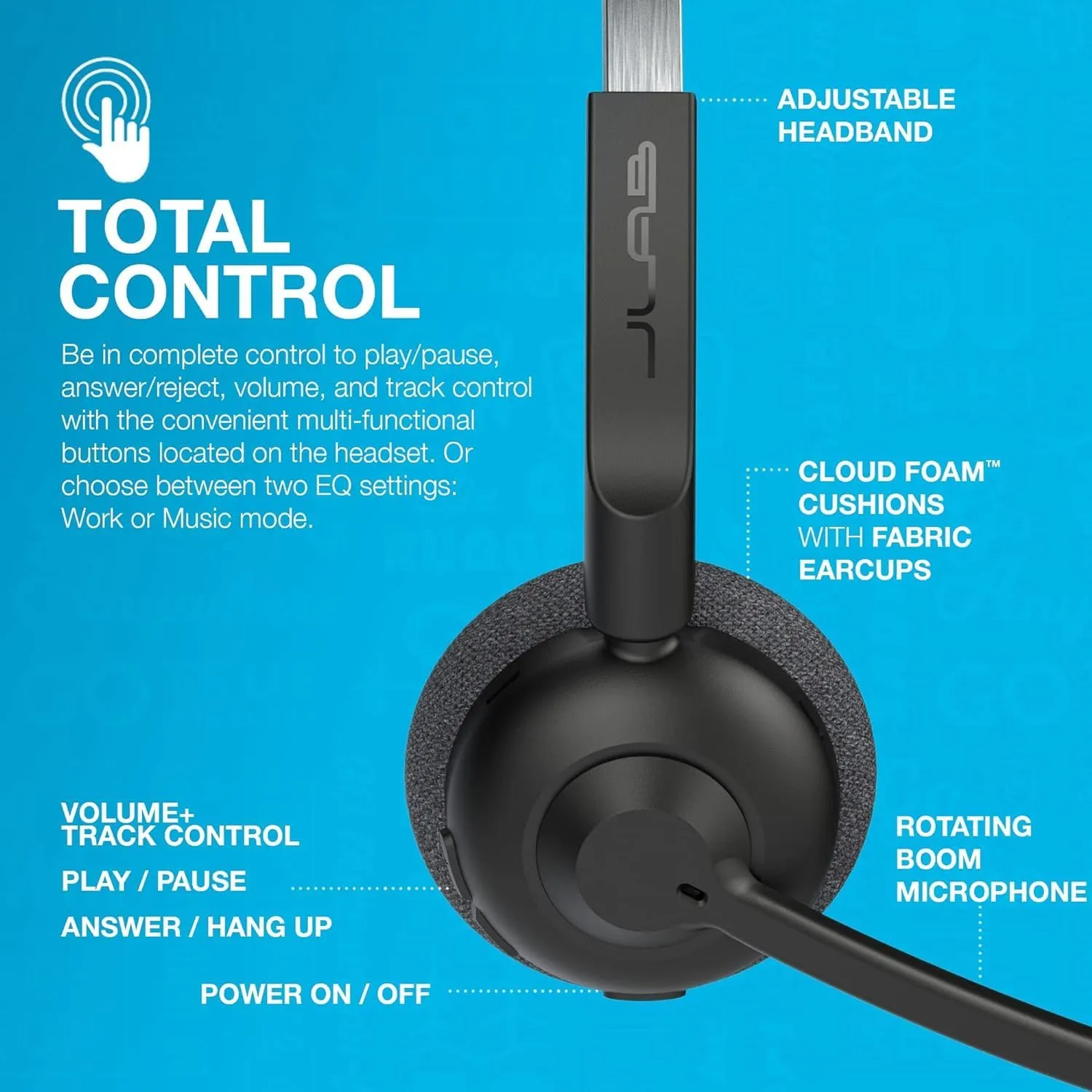 JLab Go Work Pop On-Ear Wireless Headset, Black, 50  Hours Playtime, Bluetooth Multipoint, Rotating Boom Mic, Noise Canceling MEMS Microphone, Light-Weight, Portable, PC/Mac| Mobile (1 Pack)