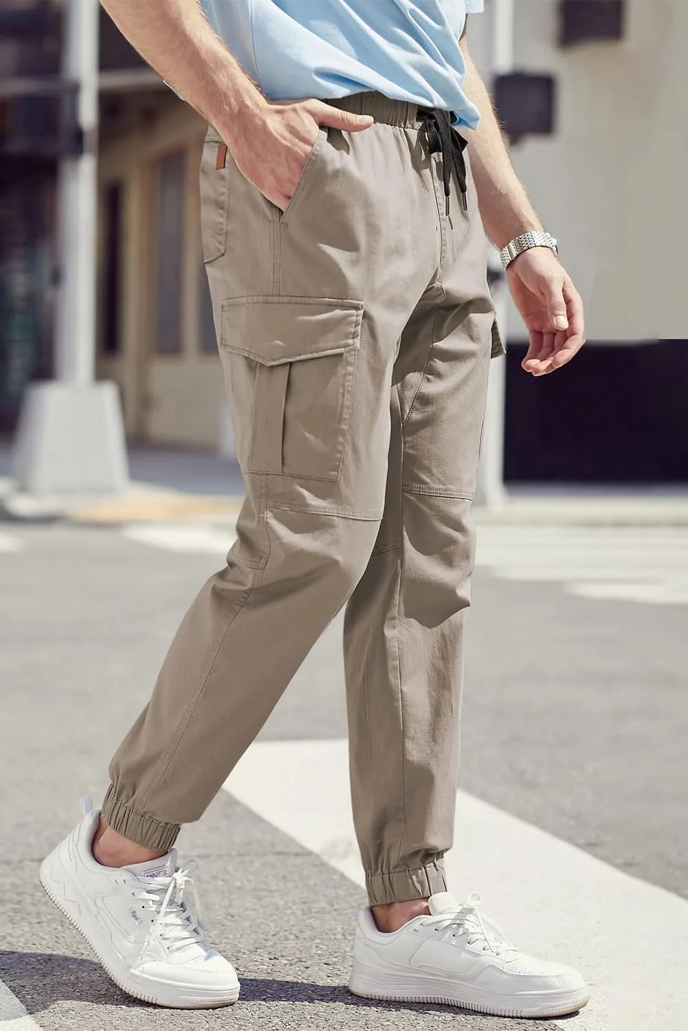 JMIERR Mens Fashion Cargo Pants - Casual Cotton Tapered Stretch Twill Drawstring Athletic Joggers Sweatpants with 6 Pockets