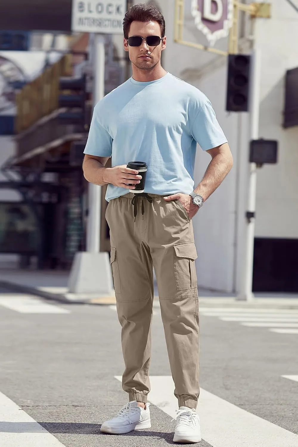 JMIERR Mens Fashion Cargo Pants - Casual Cotton Tapered Stretch Twill Drawstring Athletic Joggers Sweatpants with 6 Pockets