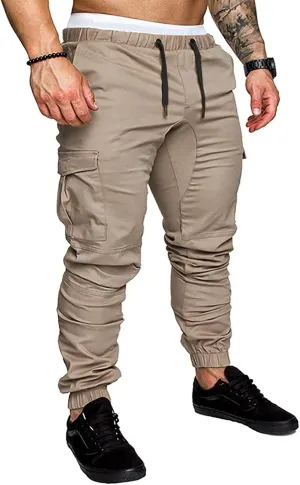 JMIERR Mens Fashion Cargo Pants - Casual Cotton Tapered Stretch Twill Drawstring Athletic Joggers Sweatpants with 6 Pockets