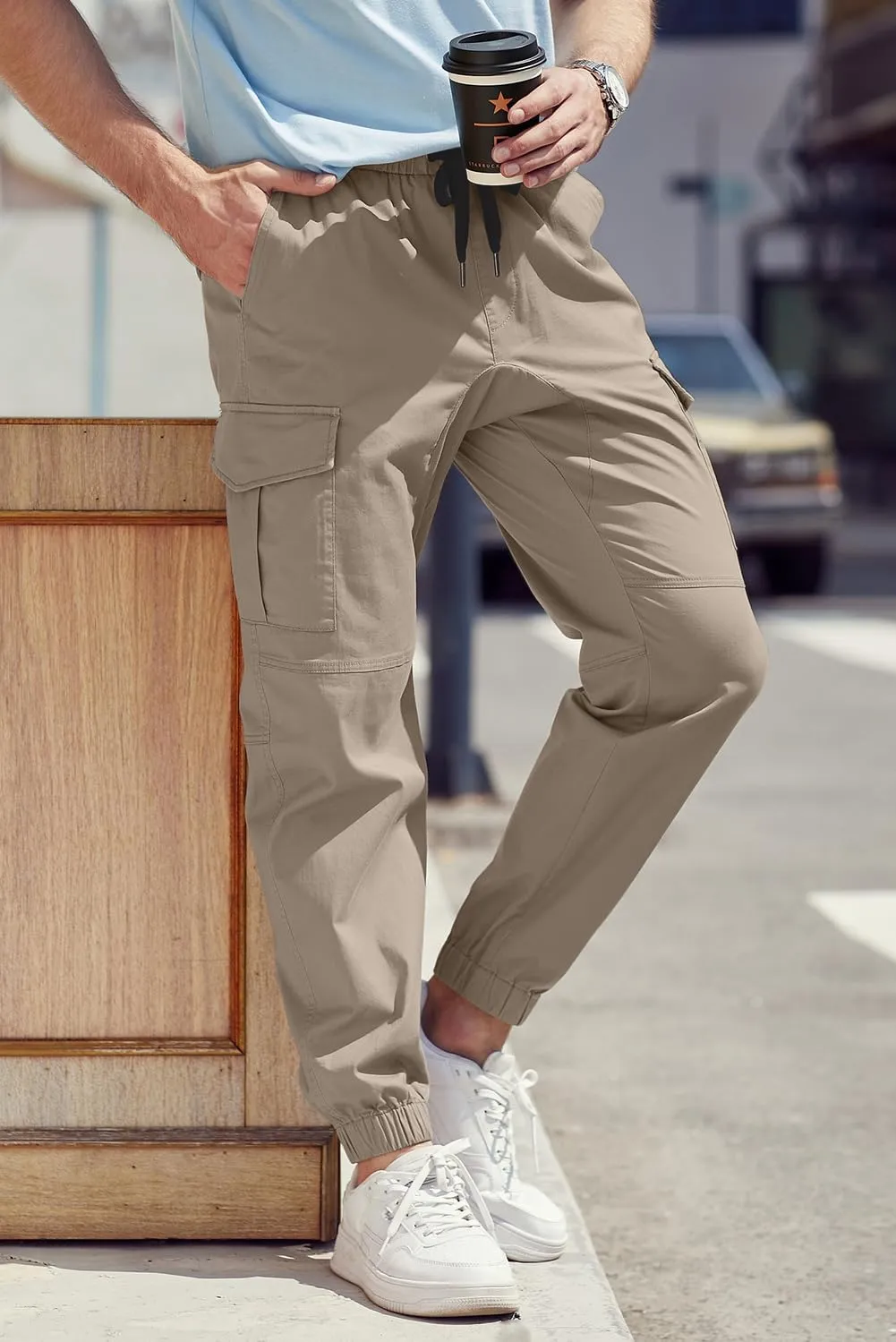 JMIERR Mens Fashion Cargo Pants - Casual Cotton Tapered Stretch Twill Drawstring Athletic Joggers Sweatpants with 6 Pockets