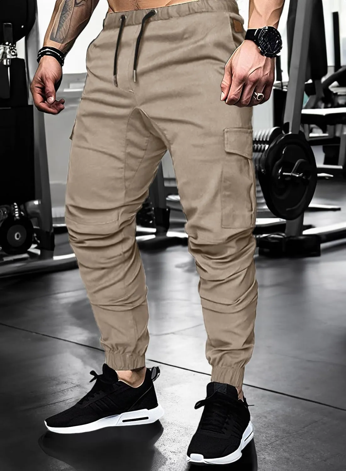 JMIERR Mens Fashion Cargo Pants - Casual Cotton Tapered Stretch Twill Drawstring Athletic Joggers Sweatpants with 6 Pockets