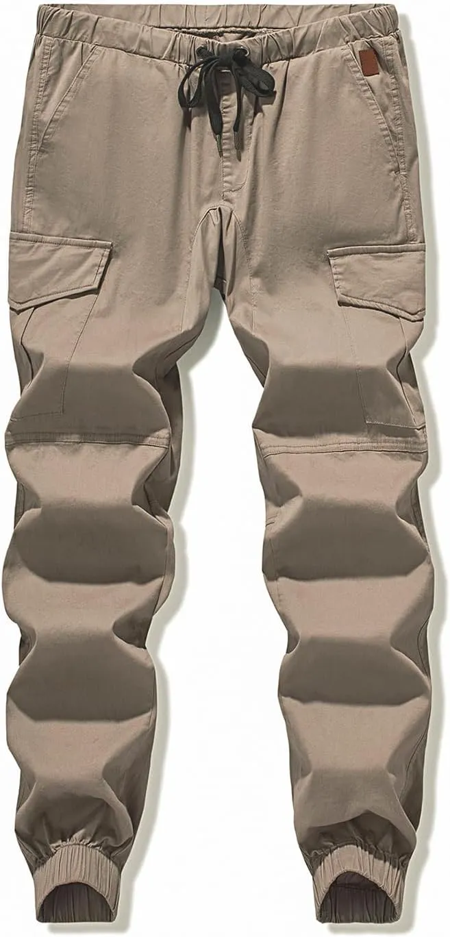 JMIERR Mens Fashion Cargo Pants - Casual Cotton Tapered Stretch Twill Drawstring Athletic Joggers Sweatpants with 6 Pockets
