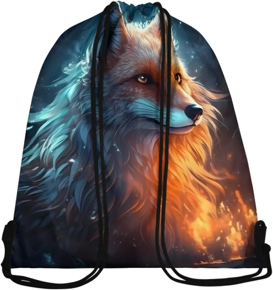 JooMeryer Boy Men Cool Animal Drawstring Bags Wolf Fox Printed Lightweight Sports Gym Backpack Bag with Front Zippper Pocket,Blue Yellow Fox