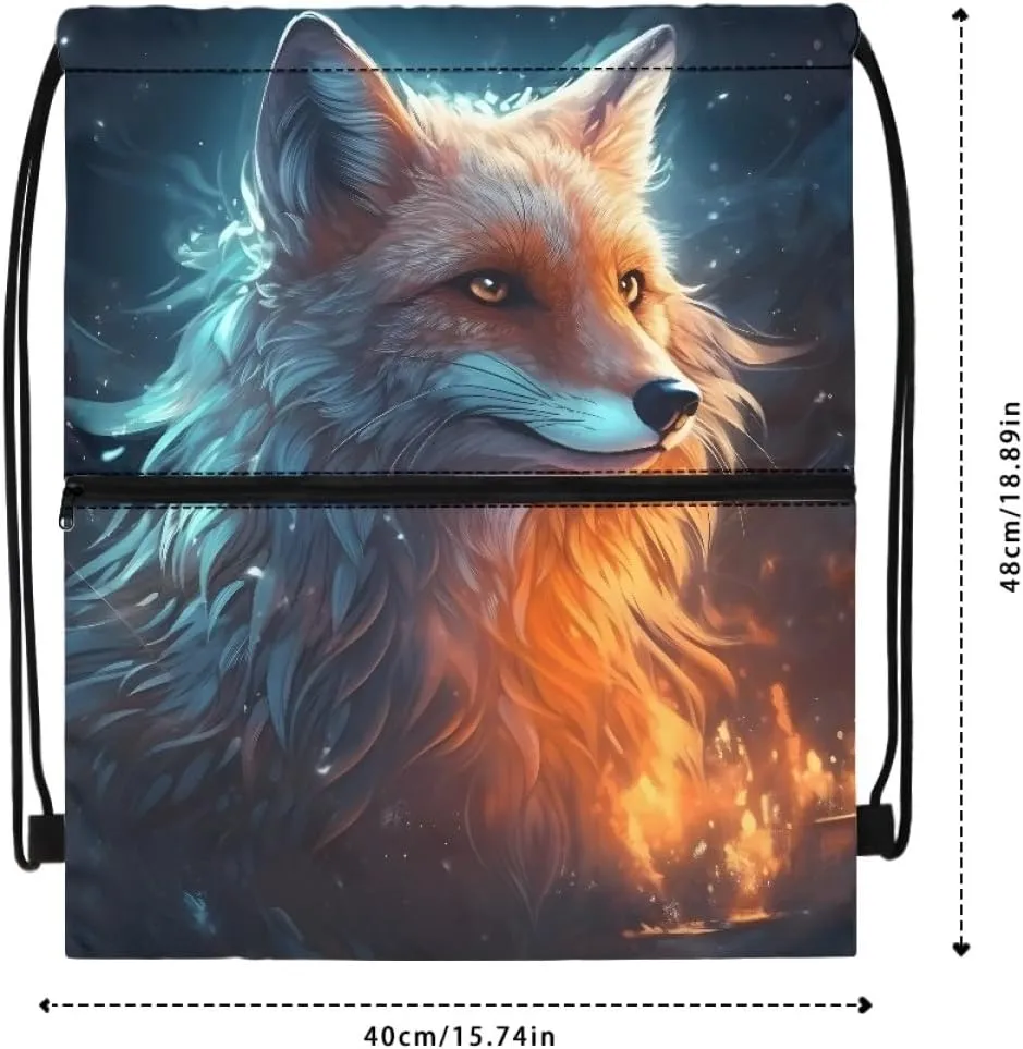 JooMeryer Boy Men Cool Animal Drawstring Bags Wolf Fox Printed Lightweight Sports Gym Backpack Bag with Front Zippper Pocket,Blue Yellow Fox