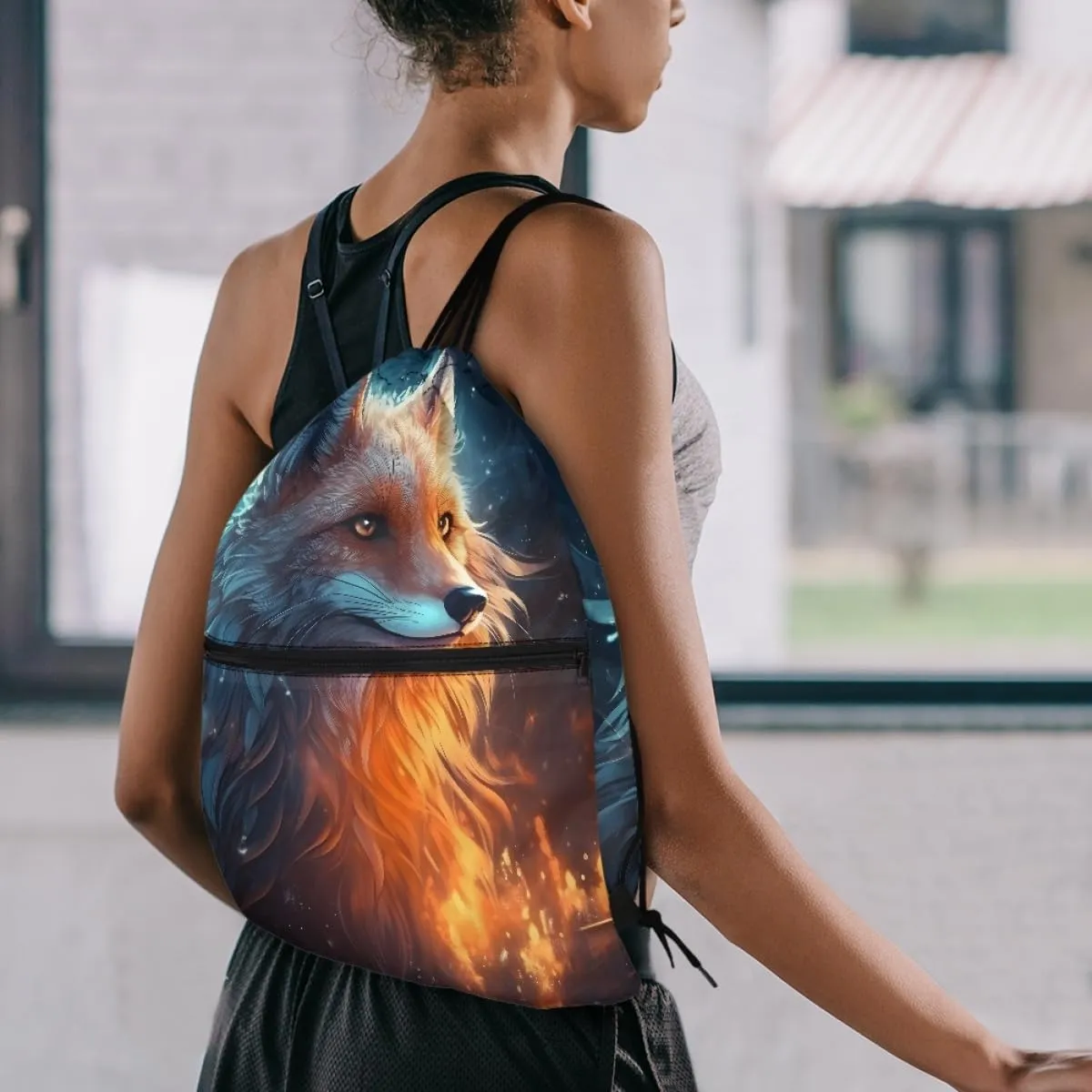 JooMeryer Boy Men Cool Animal Drawstring Bags Wolf Fox Printed Lightweight Sports Gym Backpack Bag with Front Zippper Pocket,Blue Yellow Fox