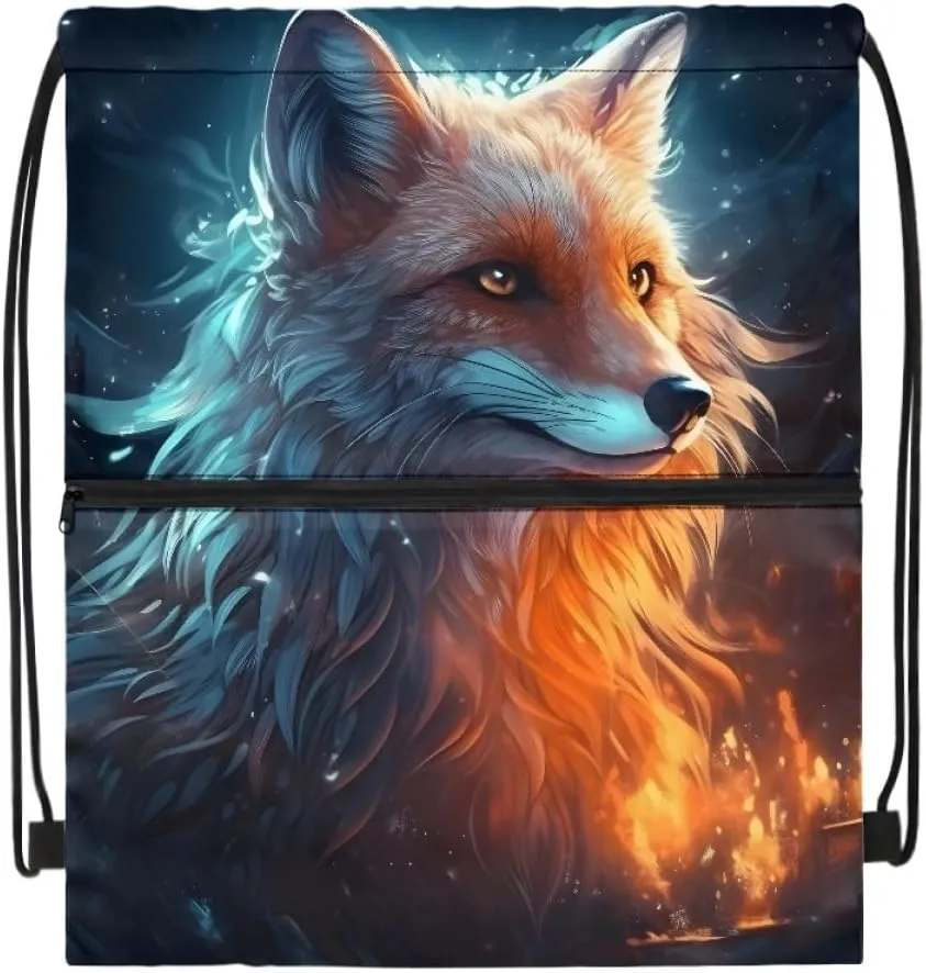 JooMeryer Boy Men Cool Animal Drawstring Bags Wolf Fox Printed Lightweight Sports Gym Backpack Bag with Front Zippper Pocket,Blue Yellow Fox