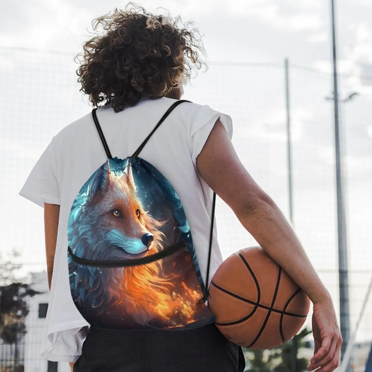 JooMeryer Boy Men Cool Animal Drawstring Bags Wolf Fox Printed Lightweight Sports Gym Backpack Bag with Front Zippper Pocket,Blue Yellow Fox