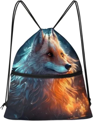 JooMeryer Boy Men Cool Animal Drawstring Bags Wolf Fox Printed Lightweight Sports Gym Backpack Bag with Front Zippper Pocket,Blue Yellow Fox